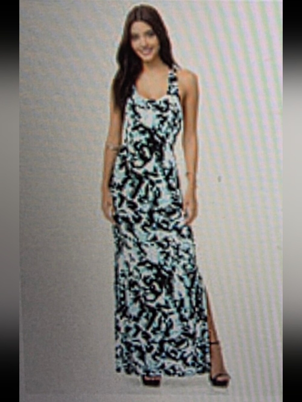 bebe Black, White & Teal Abstract Halter Maxi Dress Large